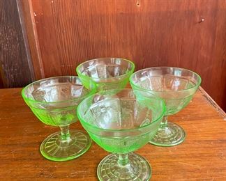 Green Depression/Vaseline Glass - Set of 4 Sherbet/Champagne Glasses 