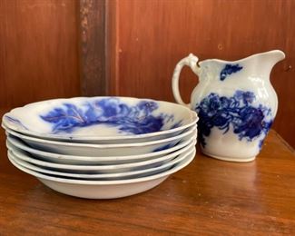Set of 6 Flow Blue  Bowls, Flow Blue Pitcher