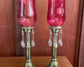 A Pair of Cranberry Blown Glass/ Brass Candle Sticks 