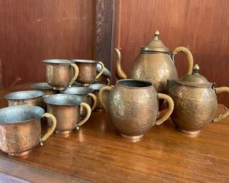 Copper Tea Set - 9 Copper Teacups, Teapot, Creamer, Sugar Bowl