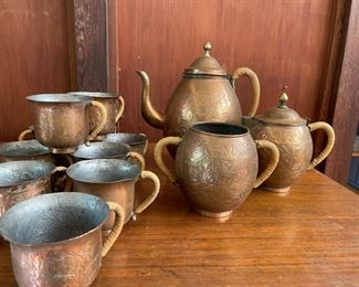 Copper Tea Set - 9 Copper Teacups, Teapot, Creamer, Sugar Bowl