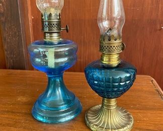 2 Blue and Brass Oil Lamps