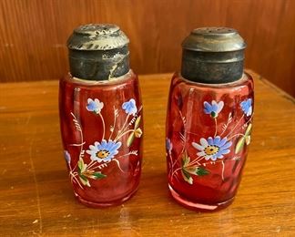 Red Hand Painted Salt and Pepper Shakers, Floral Design
