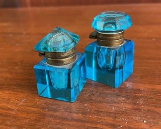 2 Blue Glass Inkwell Circa Late 1800's