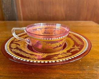 Cranberry Red Hand Painted Glass Saucer and Teacup - Cherub Design, White and Gold Accents