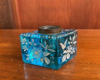 Diamond Blue Glass Inkwell with Hand Painted Flowers