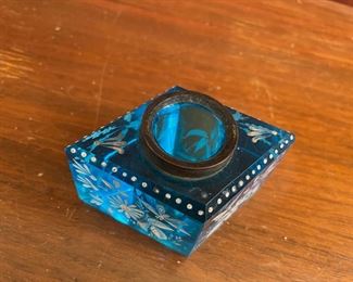 Diamond Blue Glass Inkwell with Hand Painted Flowers