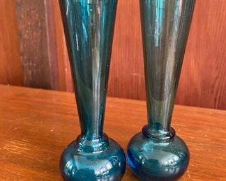 2 Iridescent Blue Blown Glass Vases