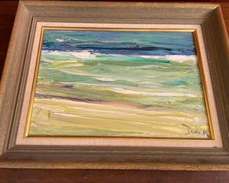 Framed Oil Painting of Waves on the Shore