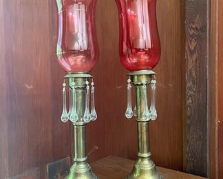 A Pair of Cranberry Blown Glass/ Brass Candle Sticks 