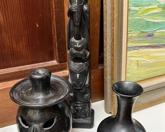 Blackware Pottery - Ashtray Incense Burner, Vase. Carved Wood Totem Pole