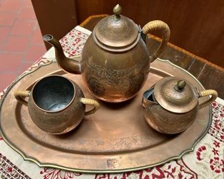 Copper Tea Set - 9 Copper Teacups, Teapot, Creamer, Sugar Bowl