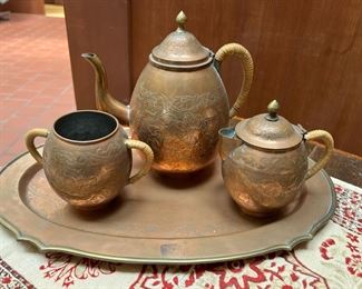 Copper Tea Set - 9 Copper Teacups, Teapot, Creamer, Sugar Bowl