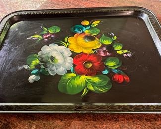 Black Metal Hand Painted Floral Serving Tray 