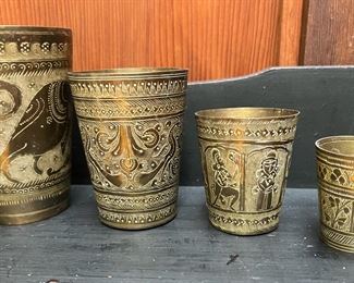 4 Engraved Indian Brass Cups