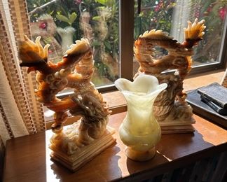 Pair of  Orange Calcite Dragon Figurines, Carved Alabaster Vase