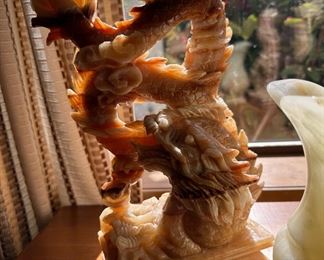 Pair of  Orange Calcite Dragon Figurines, Carved Alabaster Vase