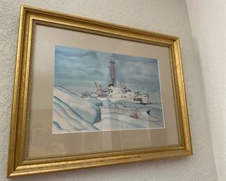 Gold Tone Framed and Matted Watercolor of W282 Ship