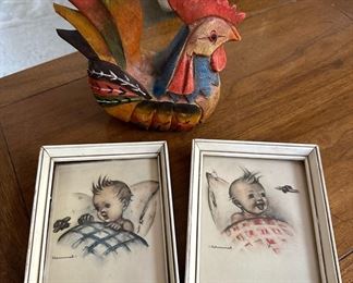 Framed Prints - Hummel Baby With a Bee, Wood Hand Carved Folk Art Rooster