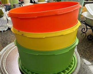 Yellow, Orange and Green Tupperware Servalier Canisters