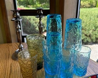 Set of Seven Blue Wavy Glass Tumblers