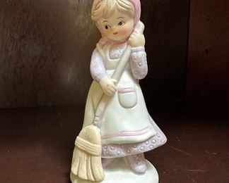 Enesco Ceramic Figurine Little Girl With Broom Sweeping