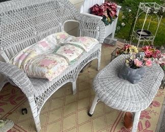 Outdoor White Wicker Bench and Table