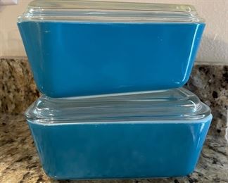 Two Blue Pyrex Refrigerator Dishes