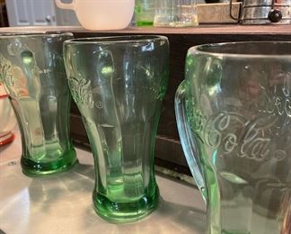 Three Green Glass Coca Cola Glasses