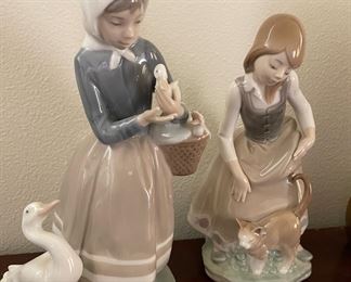 Lladro Shepherdess Girl with goose/chicks in basket #4568, Lladro Girl And Spoiled Cat #1187
