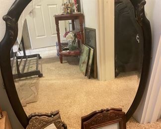 Round Carved Black Wood Framed Mirror