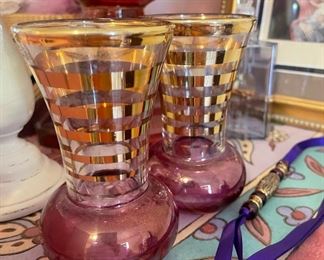 Two Mid Century Cranberry and Gold Striped Vase