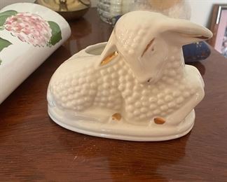 Ceramic Lamb Planter with Gold Accents