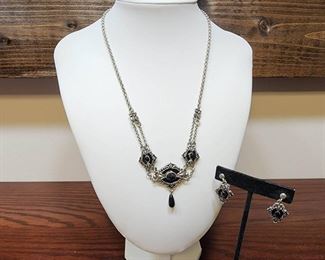 Gothic Black Silver Necklace Earrings