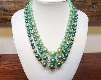 Japan Stamped Green Pearls 3 Strand With Gold Embellishments