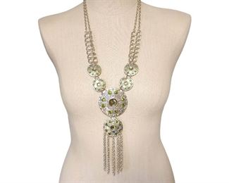 Large Medallion Tassel Chain Green Silver Tone Statement 30in Necklace