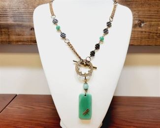 Vintage Jade Dragonfly Signed Jan Michaels Necklace
