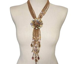 Vintage Joan Rivers Long Beaded Crystal And Shell Flower Tassel Necklace