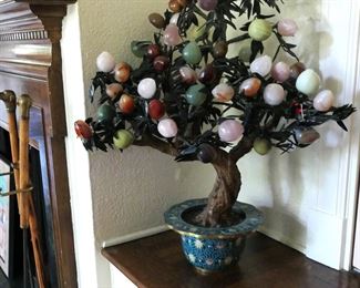 Very large jade and hardstone peach tree in cloisonne pot.