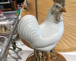 Lamp with a rooster base. Palm fan is separate.