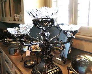English epergne with cut glass flower holders.