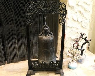 early to mid 19th century Chinese bell on carved wood stand with striker.