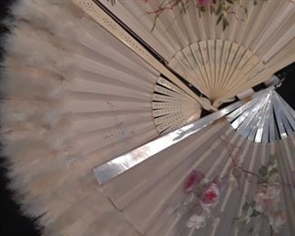 Vintage fans with hand painted silk leaves, marabou. Mother of pearl, ivory and bone guards, sticks.