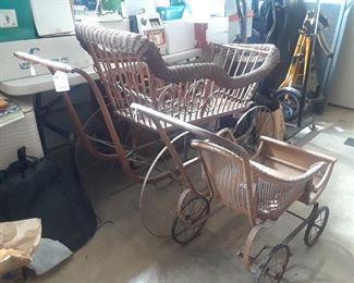 Large Victorian wicker pram and smaller stroller. Both need TLC.