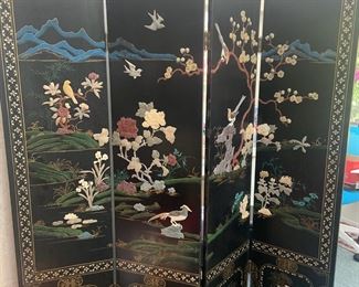 Chinese Black Lacquered Wood Screen with Carved Soapstone Design