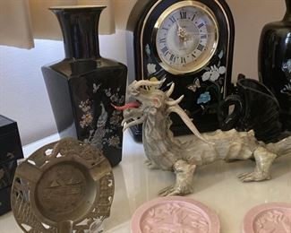 Asian Style Mantle Clock -  Black and Brass with Butterfly Design, Ornate Chinese Brass Ash Tray, Black Vase with Asian Design of Peacock