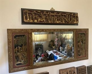 Gold Toned Large Ornately Carved Mirror with Artwork Inlay