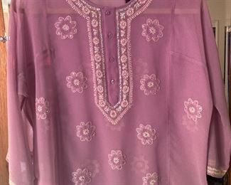 Medium DKNY Sheer Purple Blouse with Floral Design