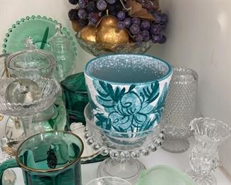 Teal Glass Mug with Gold Rim, Crystal Candy Dish, Crystal Toothpick Holder