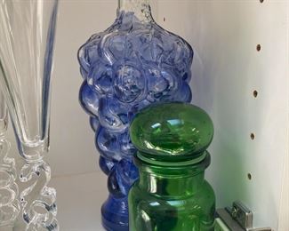 Mid Century Green Glass Apothecary Bottle, Blue Glass Grape Pattern Bottle